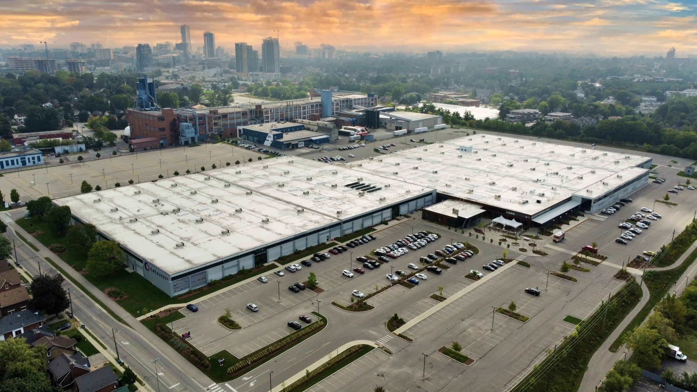 Aerial view of Catalyst137, a 475,000 sq ft adaptive reuse innovation campus in Kitchener, Ontario